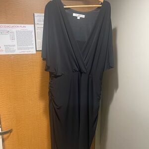 Evan Picone Black Ruched Tie Front Midi Dress